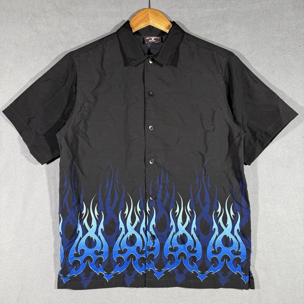 Vintage Extreme Gear Shirt Mens Medium Black Blue Flames Button Up Y2K Grunge